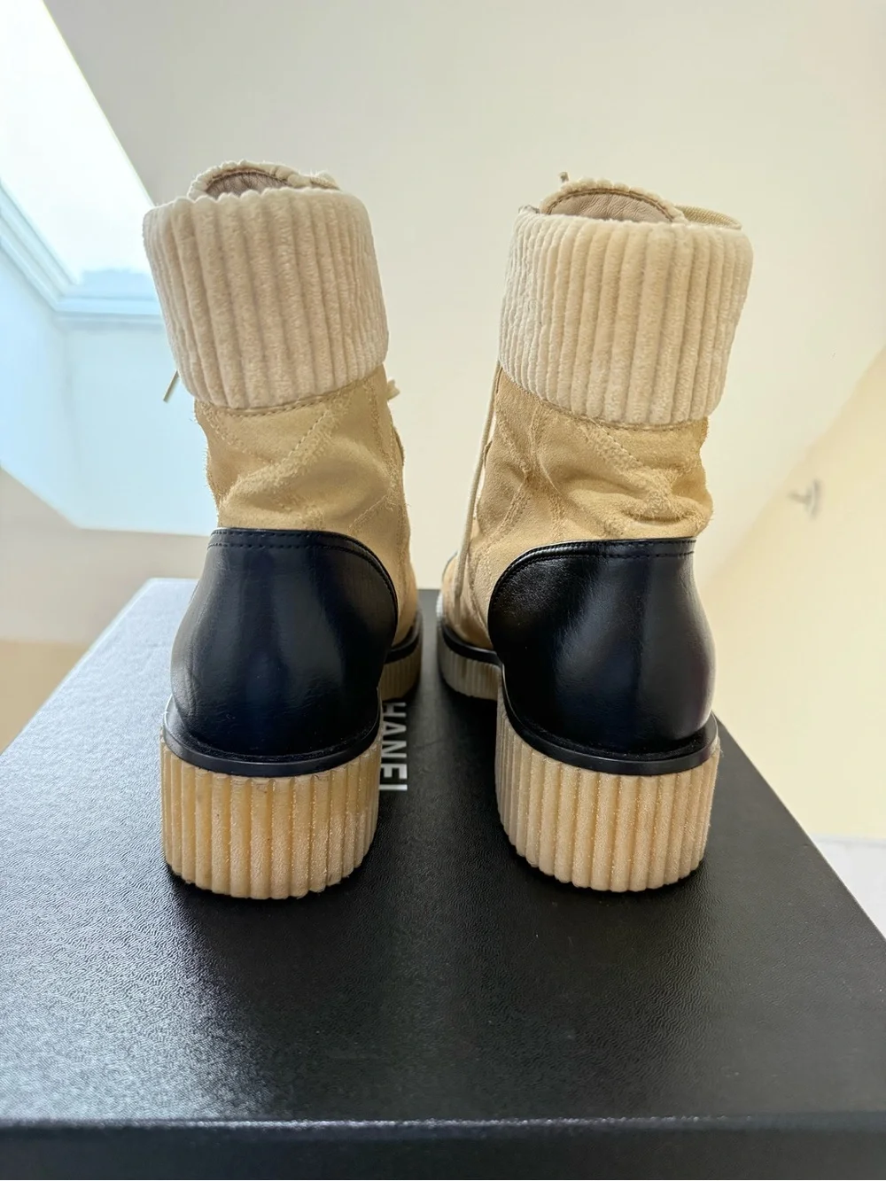 CHANEL Beige Suede and Black Leather Cap-Toe Lace-Up Boots